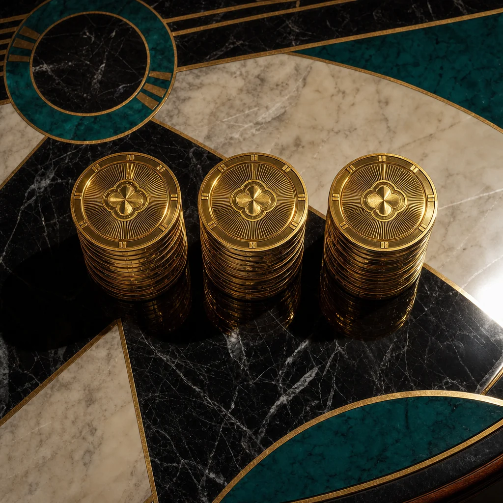 Gold coin cascade with art deco fan motifs